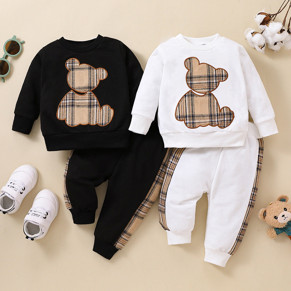Trendy Tartan Jogger Set for babies featuring a top with a teddy bear design and matching pants, available in three colors for a stylish and comfortable look