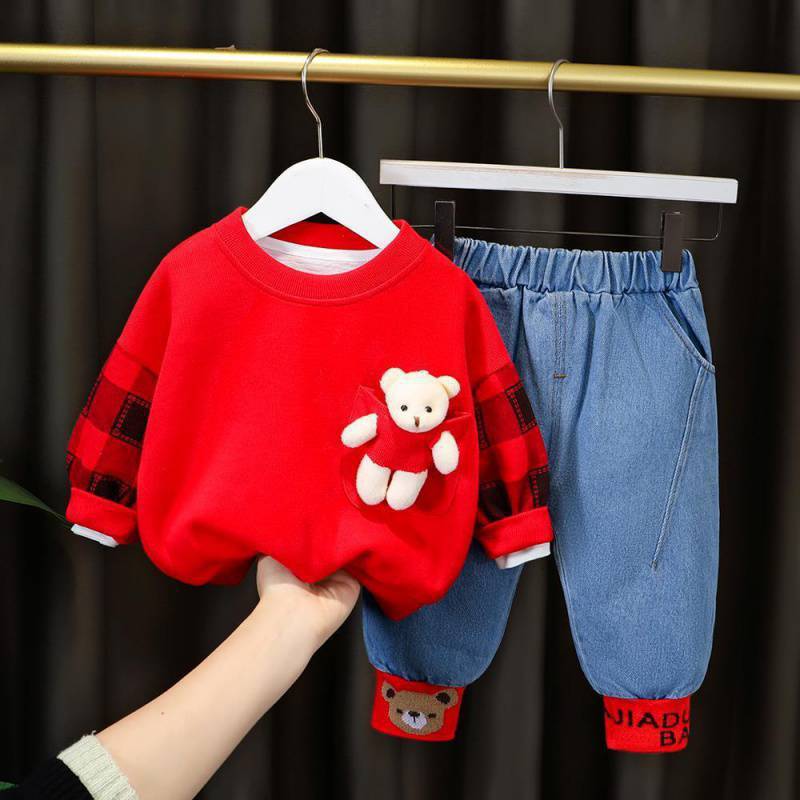 Baby outfit set with teddy bear pocket shirt and denim pants, available in two colors for playful everyday wear.