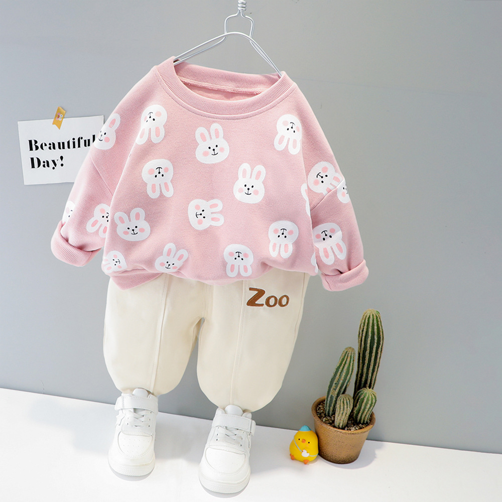 Baby outfit set with a shirt adorned with cute bunnies and comfy pants, available in various colors for playful and comfortable everyday wear