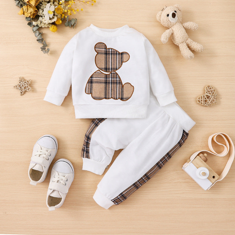 Trendy Tartan Jogger Set for babies featuring a top with a teddy bear design and matching pants, available in three colors for a stylish and comfortable look