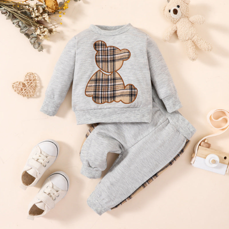 Trendy Tartan Jogger Set for babies featuring a top with a teddy bear design and matching pants, available in three colors for a stylish and comfortable look
