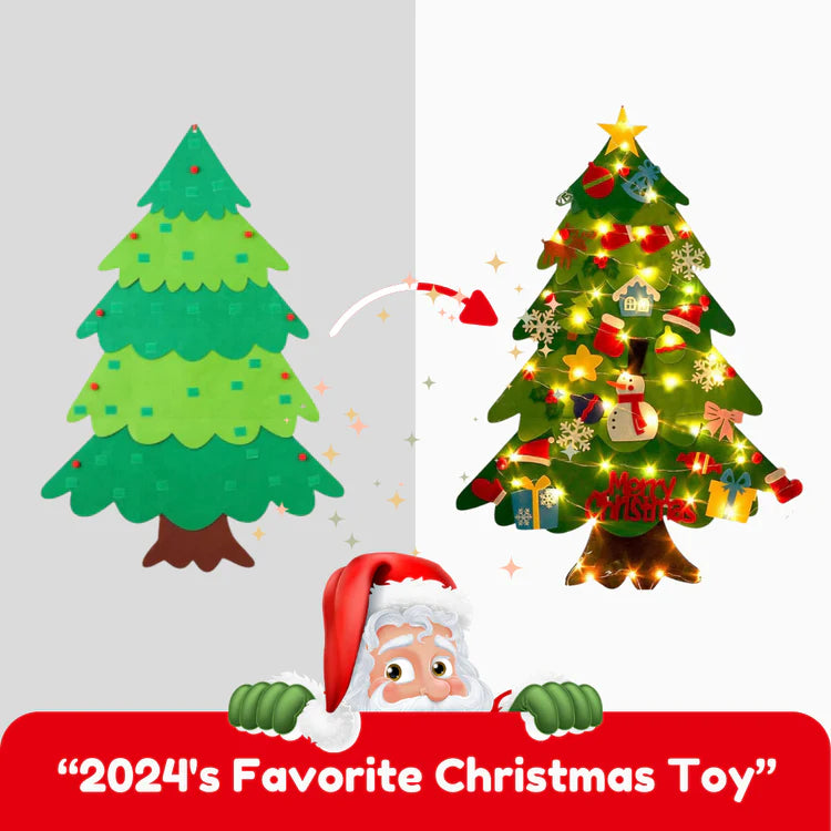 Toddler playing with a safe, interactive felt Christmas tree