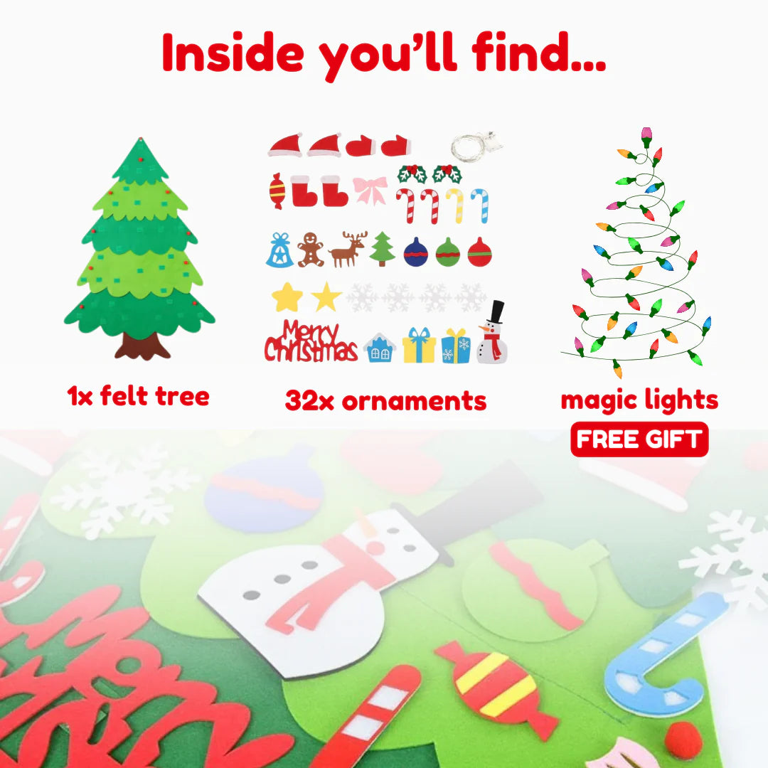 Toddler playing with a safe, interactive felt Christmas tree