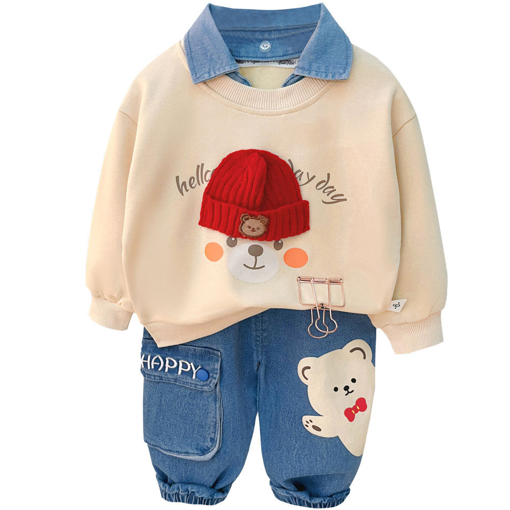 Baby outfit set with teddy bear shirt and denim pocket pants, available in multiple colors for playful everyday wear.