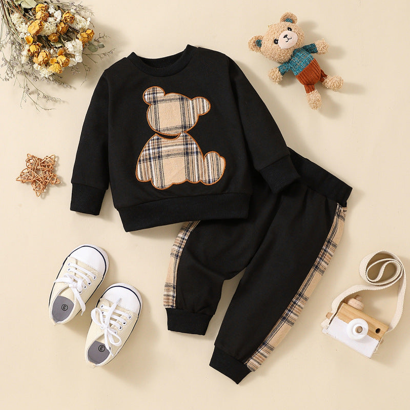 Trendy Tartan Jogger Set for babies featuring a top with a teddy bear design and matching pants, available in three colors for a stylish and comfortable look