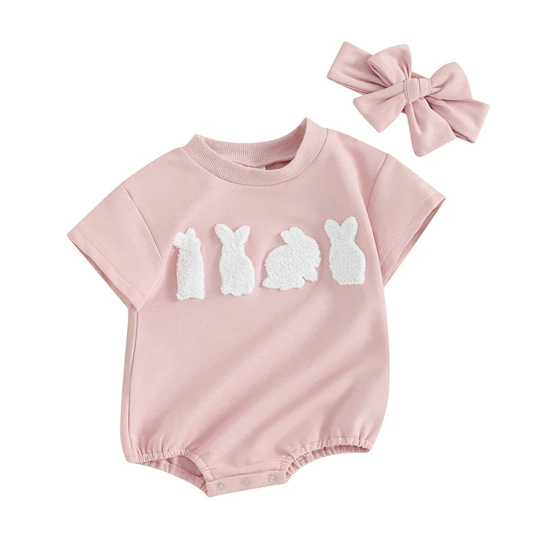 Baby bunny romper set – Adorable outfit with bunny embroidery and matching headband for all-day comfort
