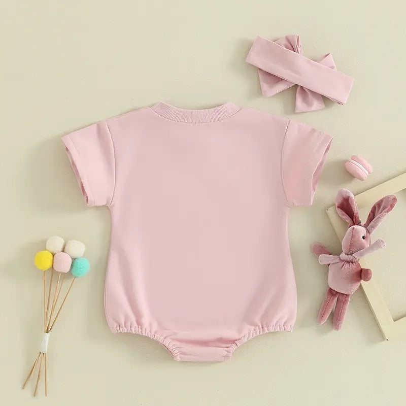 Baby bunny romper set – Adorable outfit with bunny embroidery and matching headband for all-day comfort