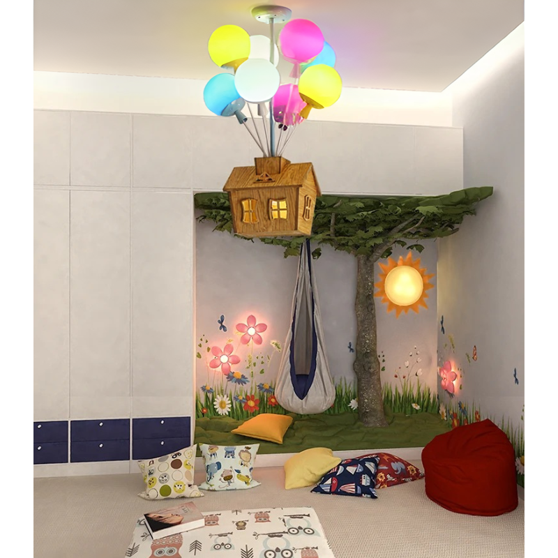 Floating House Lamp - Enchanting Ceiling Light for Kids' Rooms. Features a Charming Wooden House Suspended by Colorful Balloons for a Whimsical Effect. LED Light Source with Energy Efficiency and Long Lifespan. Ideal for Creating a Magical and Cozy Atmosphere. Nordic Modern Design with High-Quality Iron, Wood, and Acrylic Materials. Perfect for Children's Bedrooms and Playrooms.