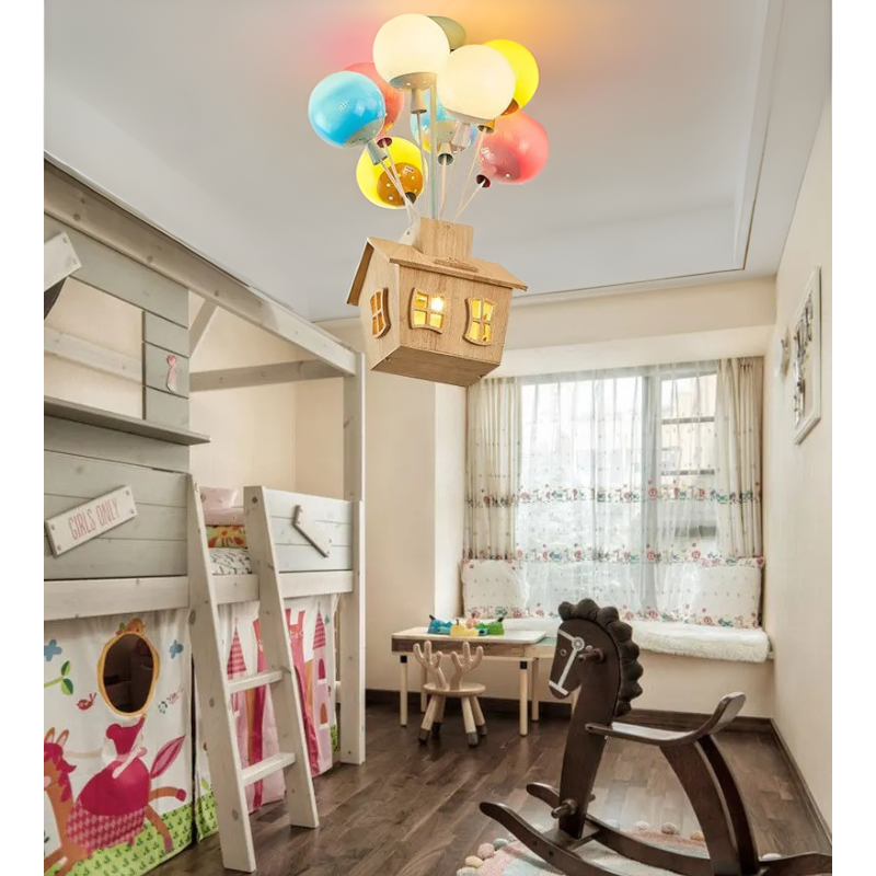 Floating House Lamp - Enchanting Ceiling Light for Kids' Rooms. Features a Charming Wooden House Suspended by Colorful Balloons for a Whimsical Effect. LED Light Source with Energy Efficiency and Long Lifespan. Ideal for Creating a Magical and Cozy Atmosphere. Nordic Modern Design with High-Quality Iron, Wood, and Acrylic Materials. Perfect for Children's Bedrooms and Playrooms.