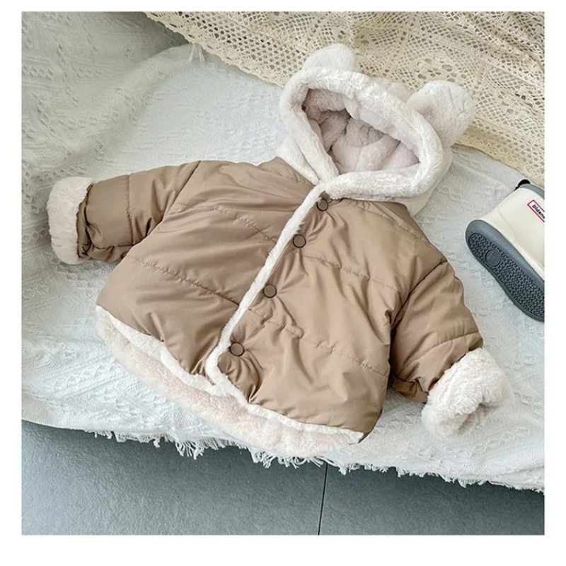 Adorable baby winter jackets with cozy fleece lining and cute bear ears. Available in pastel pink, sky blue, and warm beige—perfect for keeping your little one warm and stylish on chilly days!