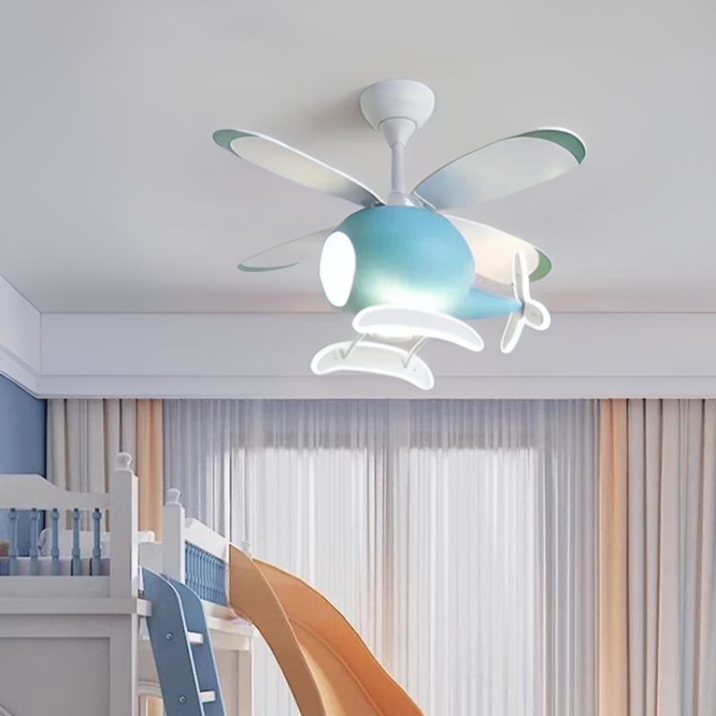 Helicopter Ceiling Fan Lamp - Whimsical Light and Fan Combo for Kids' Rooms. Features a Fun Helicopter Design with LED Light Source and Quiet Fan Operation. Available in Vibrant Yellow and Blue Colors. Includes Remote Control for Adjustable Brightness and Fan Speed. Energy-Efficient with Multiple Modes for Year-Round Comfort. Ideal for Adding a Playful Touch and Functional Coolness to Children's Bedrooms and Play Areas.