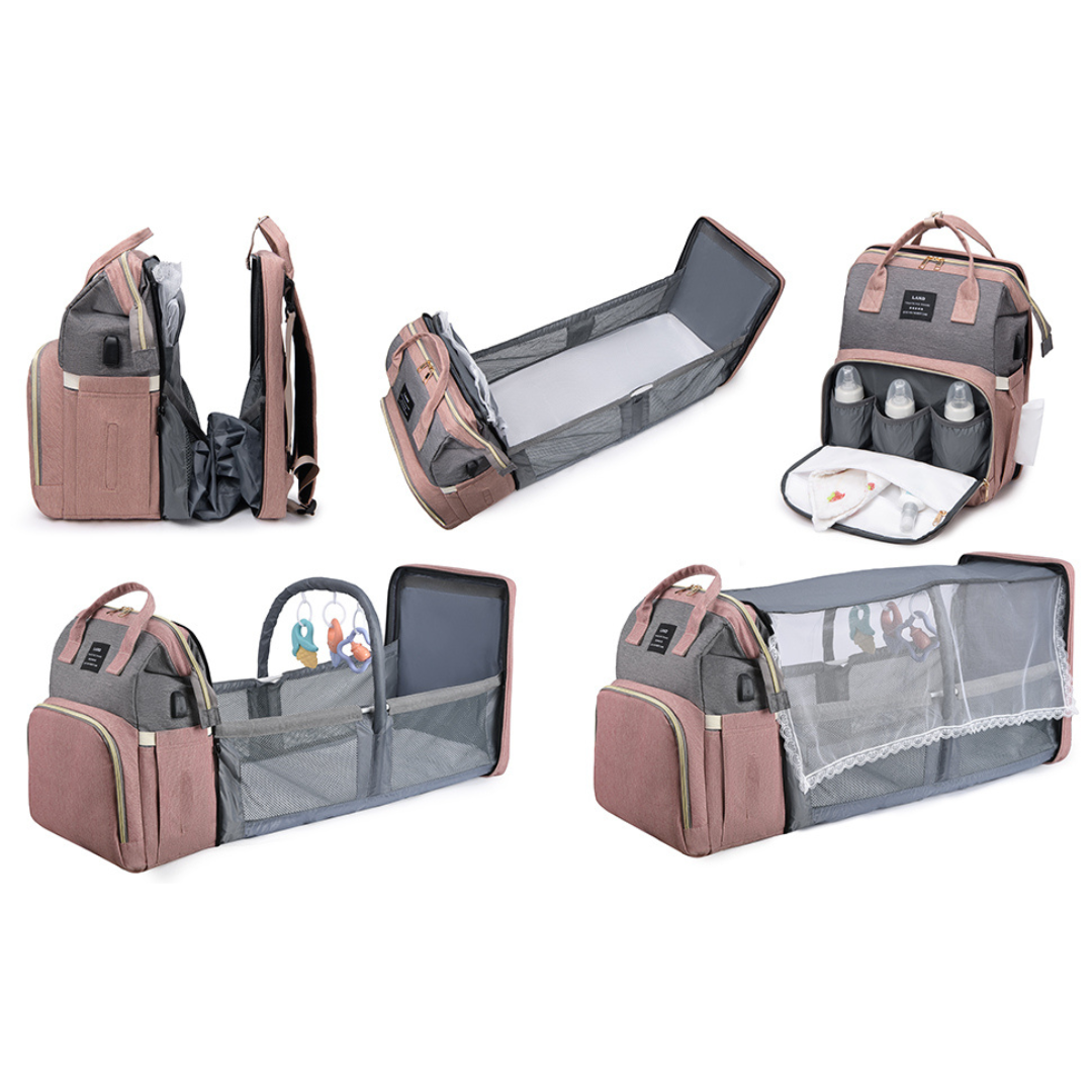 Multifunctional Diaper Backpack in a stylish, unisex design, showcasing multiple pockets and a soft changing mat, perfect for parents on the go.
