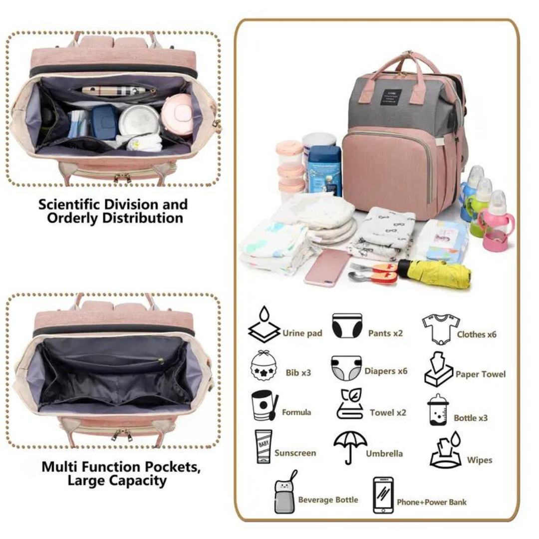 Multifunctional Diaper Backpack in a stylish, unisex design, showcasing multiple pockets and a soft changing mat, perfect for parents on the go.