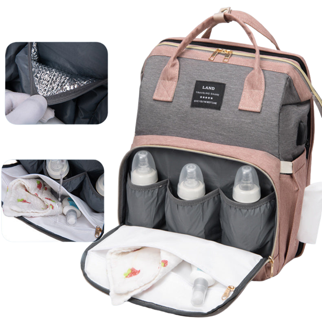 Multifunctional Diaper Backpack in a stylish, unisex design, showcasing multiple pockets and a soft changing mat, perfect for parents on the go.