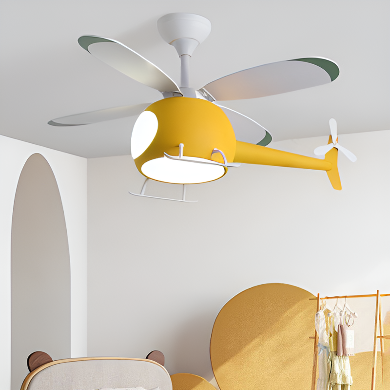 Helicopter Ceiling Fan Lamp - Whimsical Light and Fan Combo for Kids' Rooms. Features a Fun Helicopter Design with LED Light Source and Quiet Fan Operation. Available in Vibrant Yellow and Blue Colors. Includes Remote Control for Adjustable Brightness and Fan Speed. Energy-Efficient with Multiple Modes for Year-Round Comfort. Ideal for Adding a Playful Touch and Functional Coolness to Children's Bedrooms and Play Areas.
