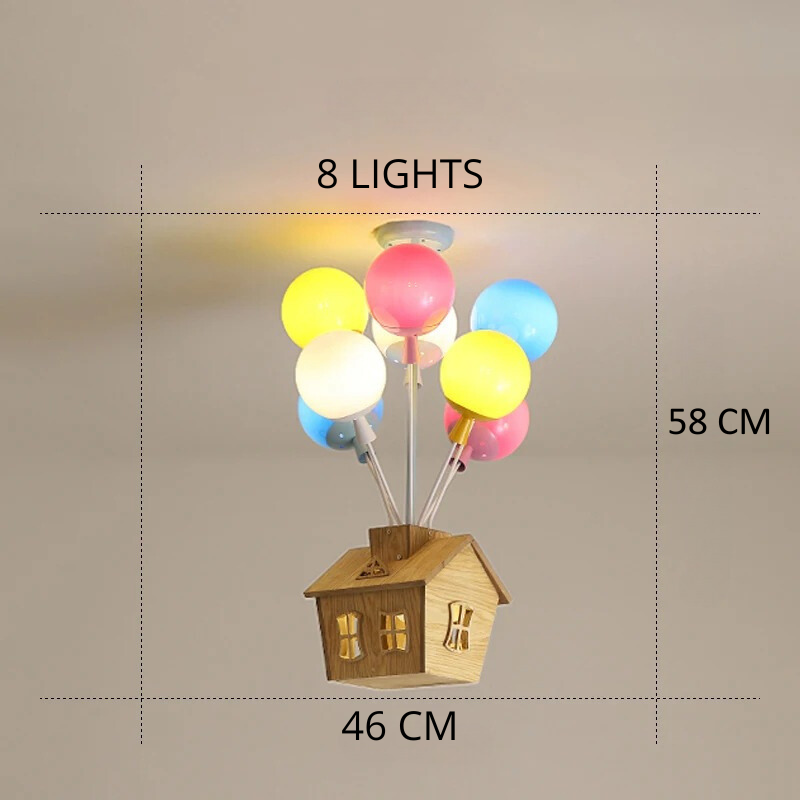 Floating House Lamp - Enchanting Ceiling Light for Kids' Rooms. Features a Charming Wooden House Suspended by Colorful Balloons for a Whimsical Effect. LED Light Source with Energy Efficiency and Long Lifespan. Ideal for Creating a Magical and Cozy Atmosphere. Nordic Modern Design with High-Quality Iron, Wood, and Acrylic Materials. Perfect for Children's Bedrooms and Playrooms.