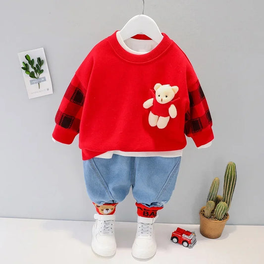Baby outfit set with teddy bear pocket shirt and denim pants, available in two colors for playful everyday wear.