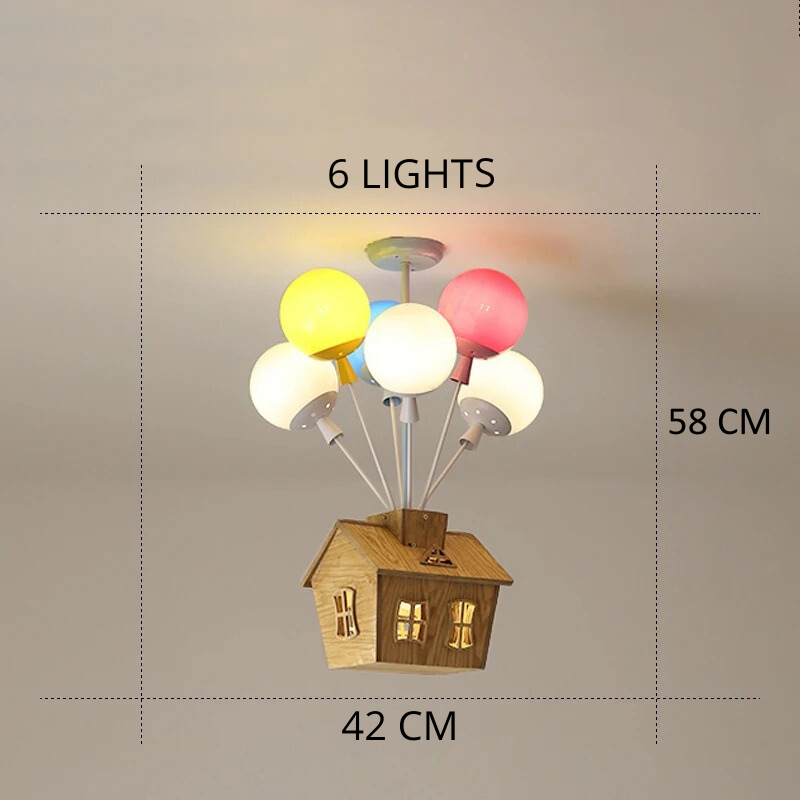 Floating House Lamp - Enchanting Ceiling Light for Kids' Rooms. Features a Charming Wooden House Suspended by Colorful Balloons for a Whimsical Effect. LED Light Source with Energy Efficiency and Long Lifespan. Ideal for Creating a Magical and Cozy Atmosphere. Nordic Modern Design with High-Quality Iron, Wood, and Acrylic Materials. Perfect for Children's Bedrooms and Playrooms.
