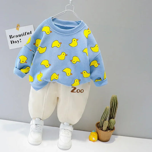 Baby outfit with duckling-adorned shirt and comfy pants, perfect for playful everyday adventures