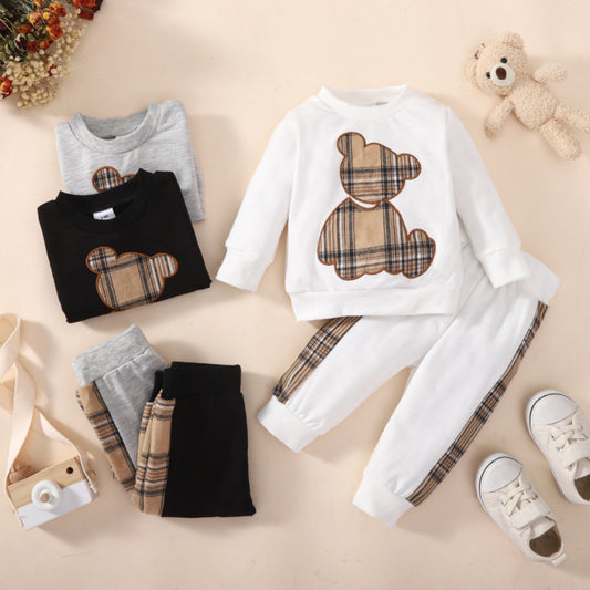 Trendy Tartan Jogger Set for babies featuring a top with a teddy bear design and matching pants, available in three colors for a stylish and comfortable look