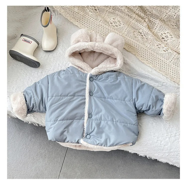 Adorable baby winter jackets with cozy fleece lining and cute bear ears. Available in pastel pink, sky blue, and warm beige—perfect for keeping your little one warm and stylish on chilly days!