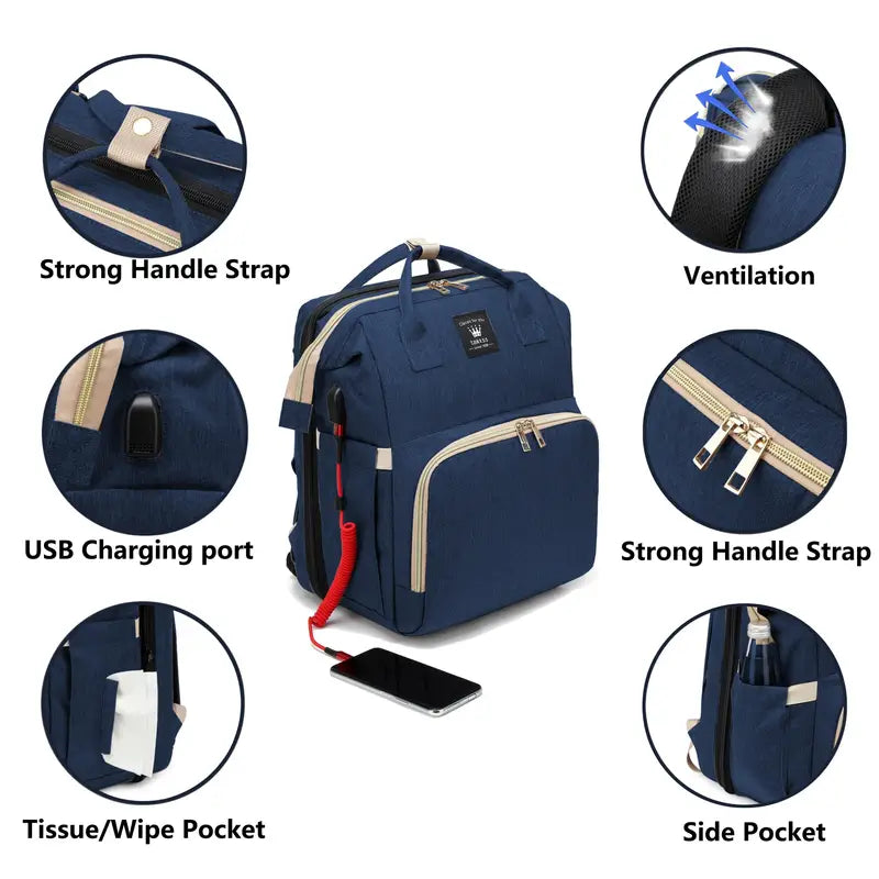 Multifunctional Diaper Backpack in a stylish, unisex design, showcasing multiple pockets and a soft changing mat, perfect for parents on the go.