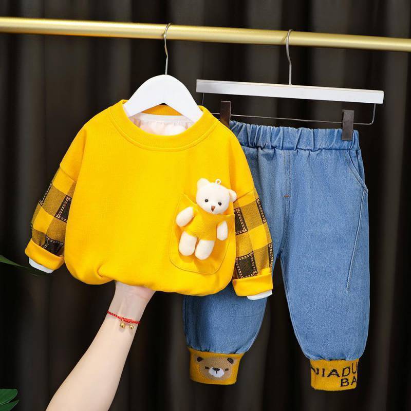 Baby outfit set with teddy bear pocket shirt and denim pants, available in two colors for playful everyday wear.