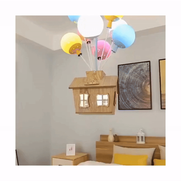 Floating House Lamp - Enchanting Ceiling Light for Kids' Rooms. Features a Charming Wooden House Suspended by Colorful Balloons for a Whimsical Effect. LED Light Source with Energy Efficiency and Long Lifespan. Ideal for Creating a Magical and Cozy Atmosphere. Nordic Modern Design with High-Quality Iron, Wood, and Acrylic Materials. Perfect for Children's Bedrooms and Playrooms.