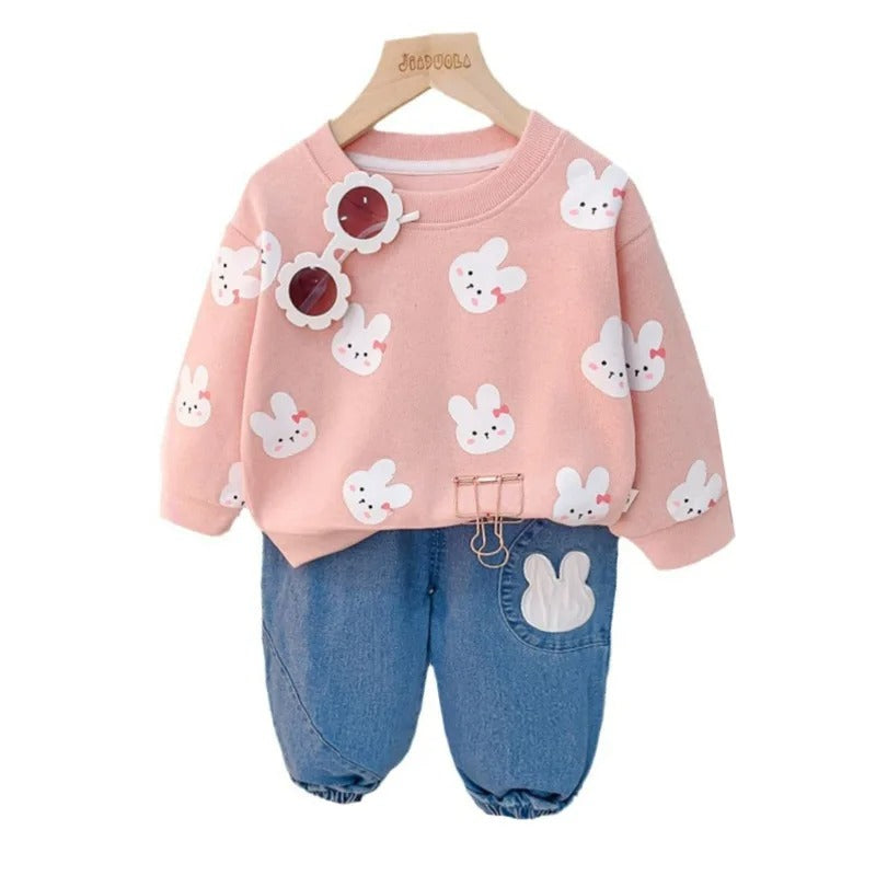 Baby outfit set with a shirt adorned with cute bunnies and comfy pants, available in various colors for playful and comfortable everyday wear