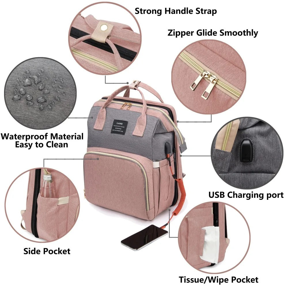 Multifunctional Diaper Backpack in a stylish, unisex design, showcasing multiple pockets and a soft changing mat, perfect for parents on the go.