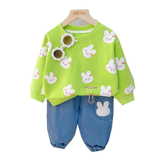 Baby outfit set with a shirt adorned with cute bunnies and comfy pants, available in various colors for playful and comfortable everyday wear