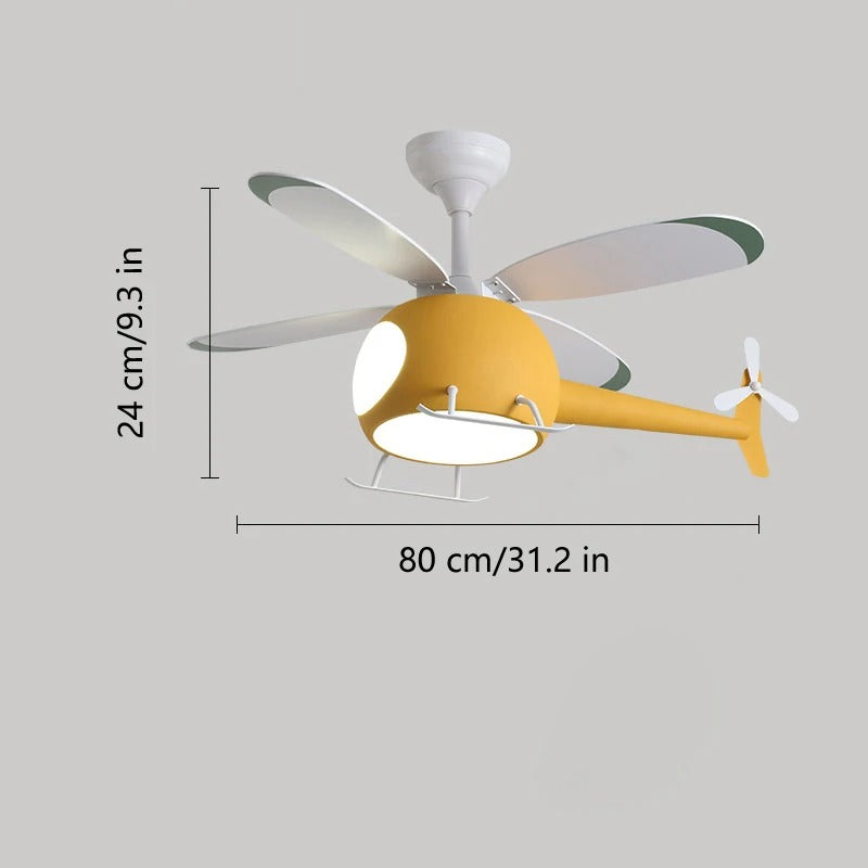 Helicopter Ceiling Fan Lamp - Whimsical Light and Fan Combo for Kids' Rooms. Features a Fun Helicopter Design with LED Light Source and Quiet Fan Operation. Available in Vibrant Yellow and Blue Colors. Includes Remote Control for Adjustable Brightness and Fan Speed. Energy-Efficient with Multiple Modes for Year-Round Comfort. Ideal for Adding a Playful Touch and Functional Coolness to Children's Bedrooms and Play Areas.
