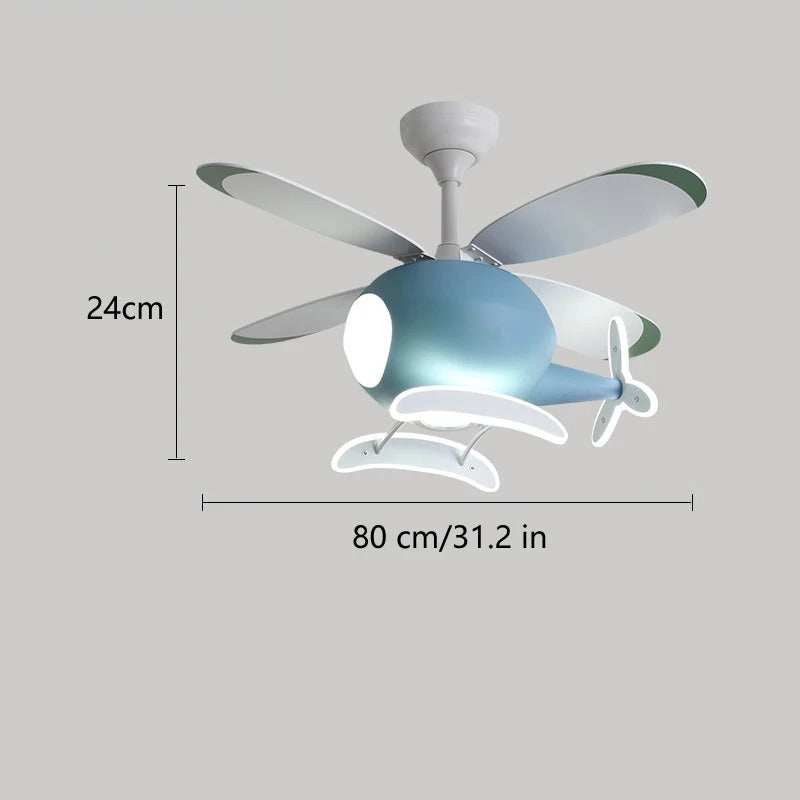 Helicopter Ceiling Fan Lamp - Whimsical Light and Fan Combo for Kids' Rooms. Features a Fun Helicopter Design with LED Light Source and Quiet Fan Operation. Available in Vibrant Yellow and Blue Colors. Includes Remote Control for Adjustable Brightness and Fan Speed. Energy-Efficient with Multiple Modes for Year-Round Comfort. Ideal for Adding a Playful Touch and Functional Coolness to Children's Bedrooms and Play Areas.