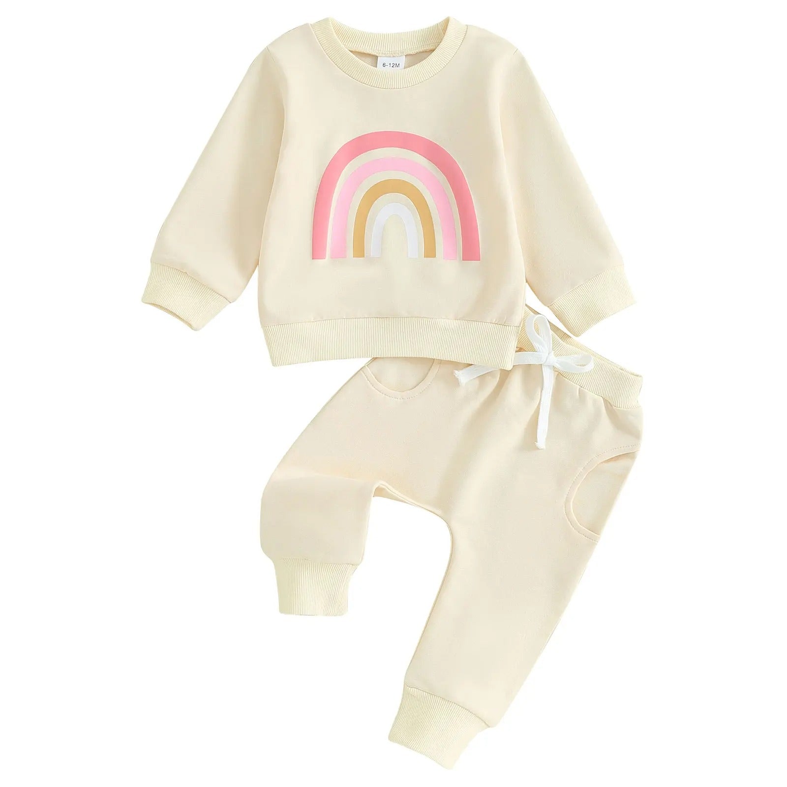 Baby Rainbow Set featuring a long-sleeve top with a cheerful rainbow design and comfy pants with an adjustable drawstring. Available in vibrant colors for everyday adventures.