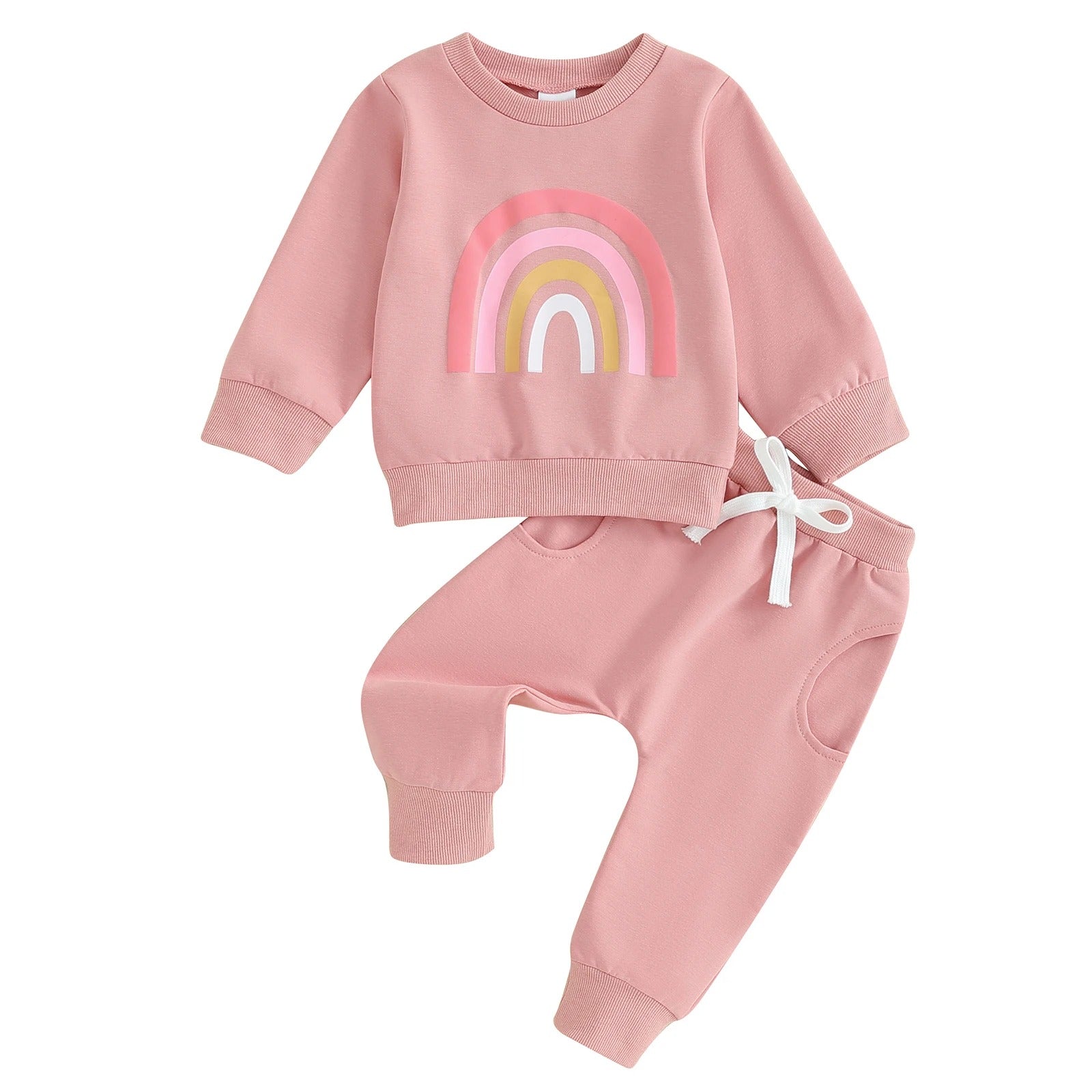 Baby Rainbow Set featuring a long-sleeve top with a cheerful rainbow design and comfy pants with an adjustable drawstring. Available in vibrant colors for everyday adventures.