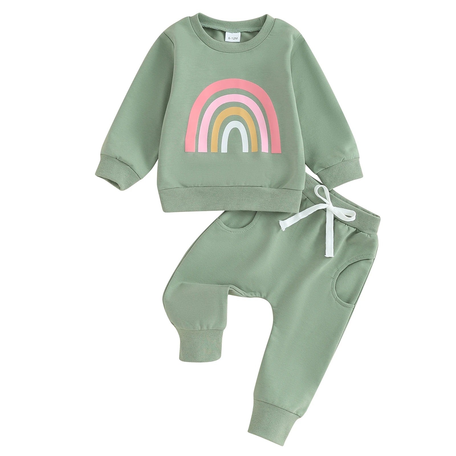 Baby Rainbow Set featuring a long-sleeve top with a cheerful rainbow design and comfy pants with an adjustable drawstring. Available in vibrant colors for everyday adventures.