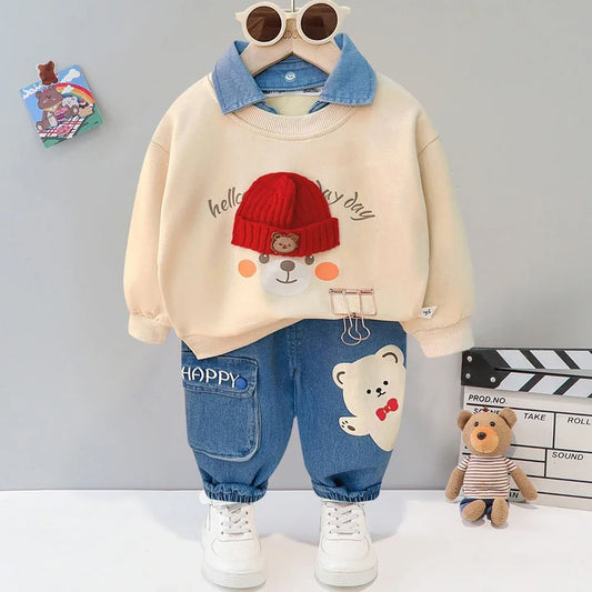 Baby outfit set with teddy bear shirt and denim pocket pants, available in multiple colors for playful everyday wear.
