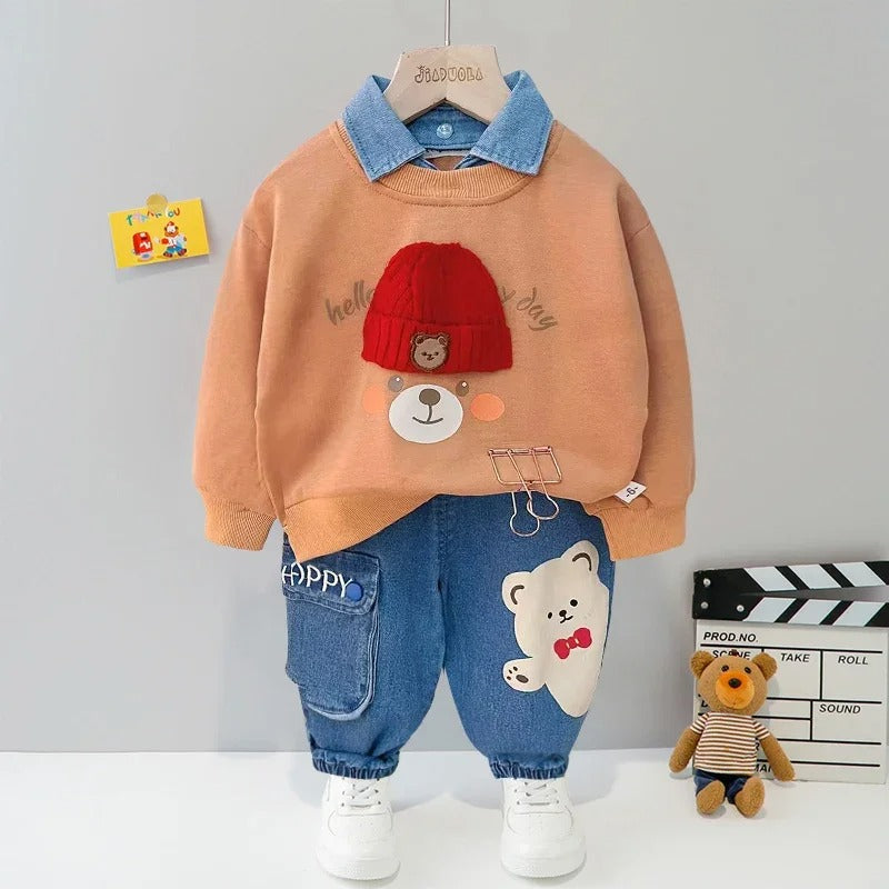 Baby outfit set with teddy bear shirt and denim pocket pants, available in multiple colors for playful everyday wear.