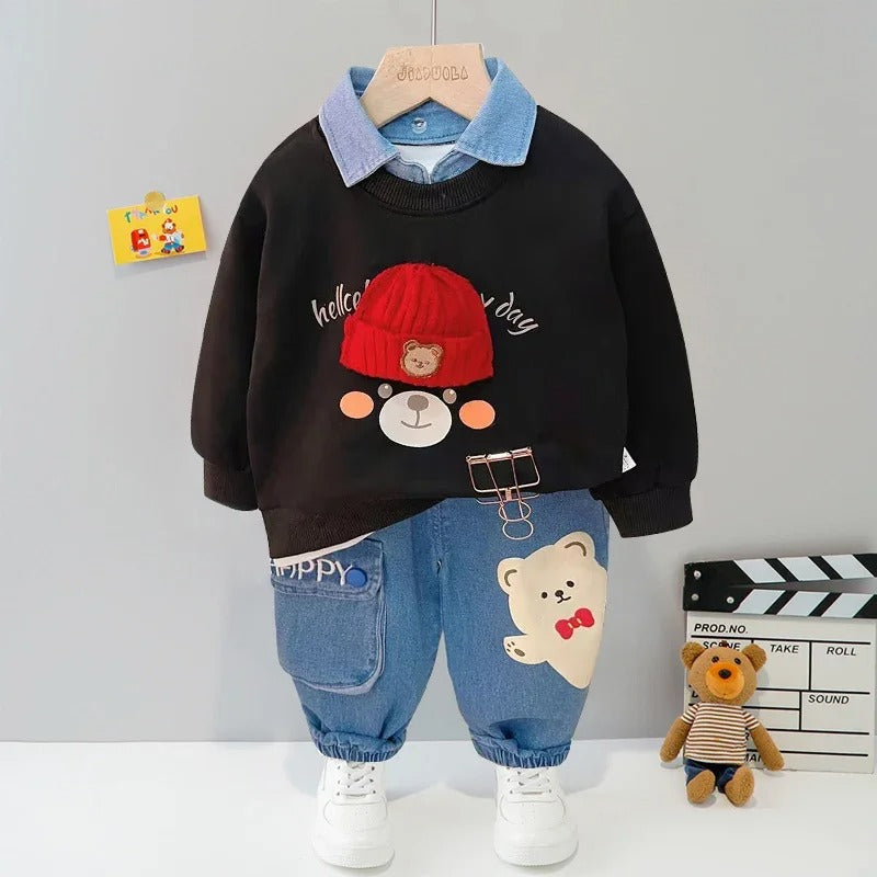 Baby outfit set with teddy bear shirt and denim pocket pants, available in multiple colors for playful everyday wear.